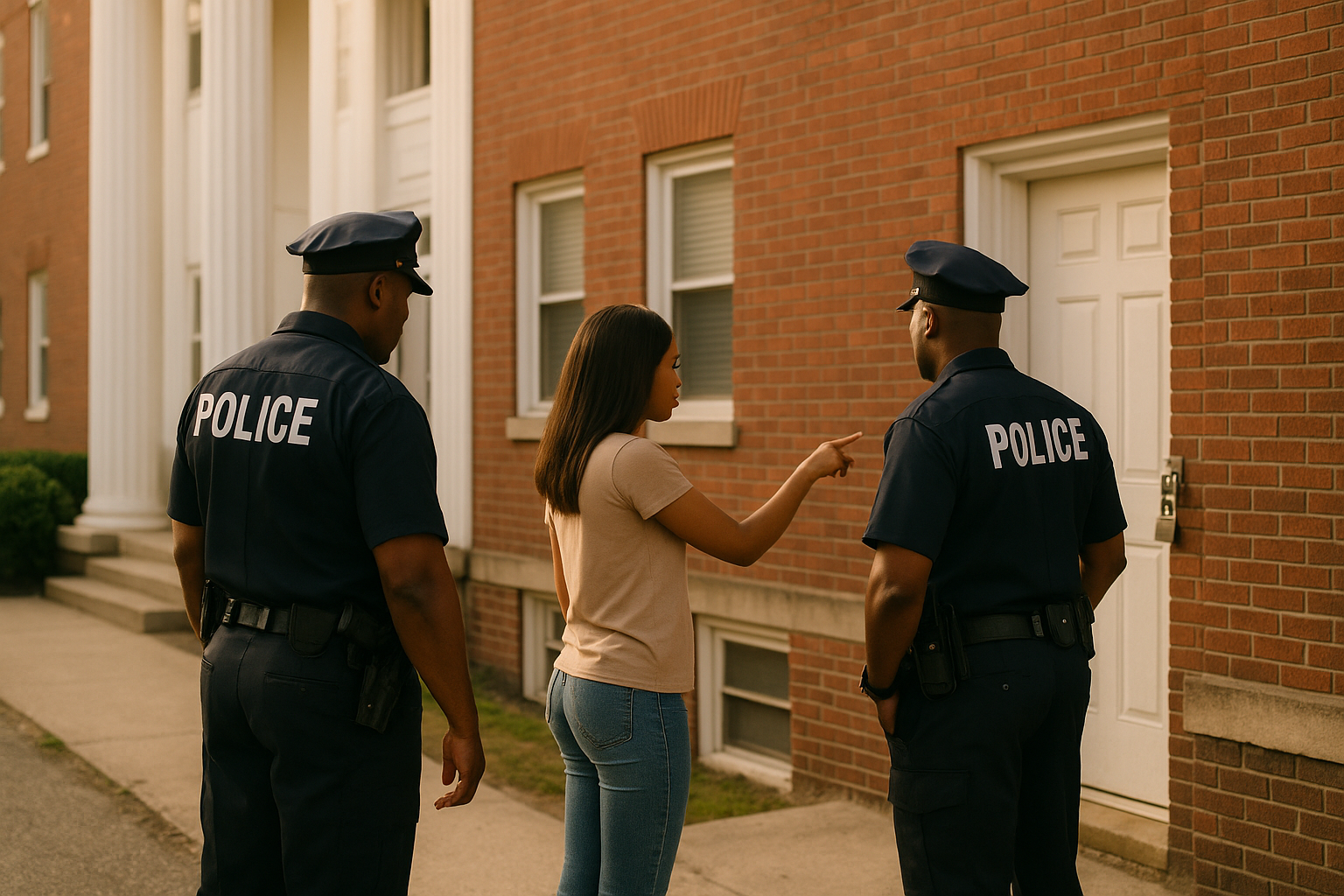 Young woman who was in foster care points to a padlocked basement door as two police officers stand nearby outside a red brick apartment building.